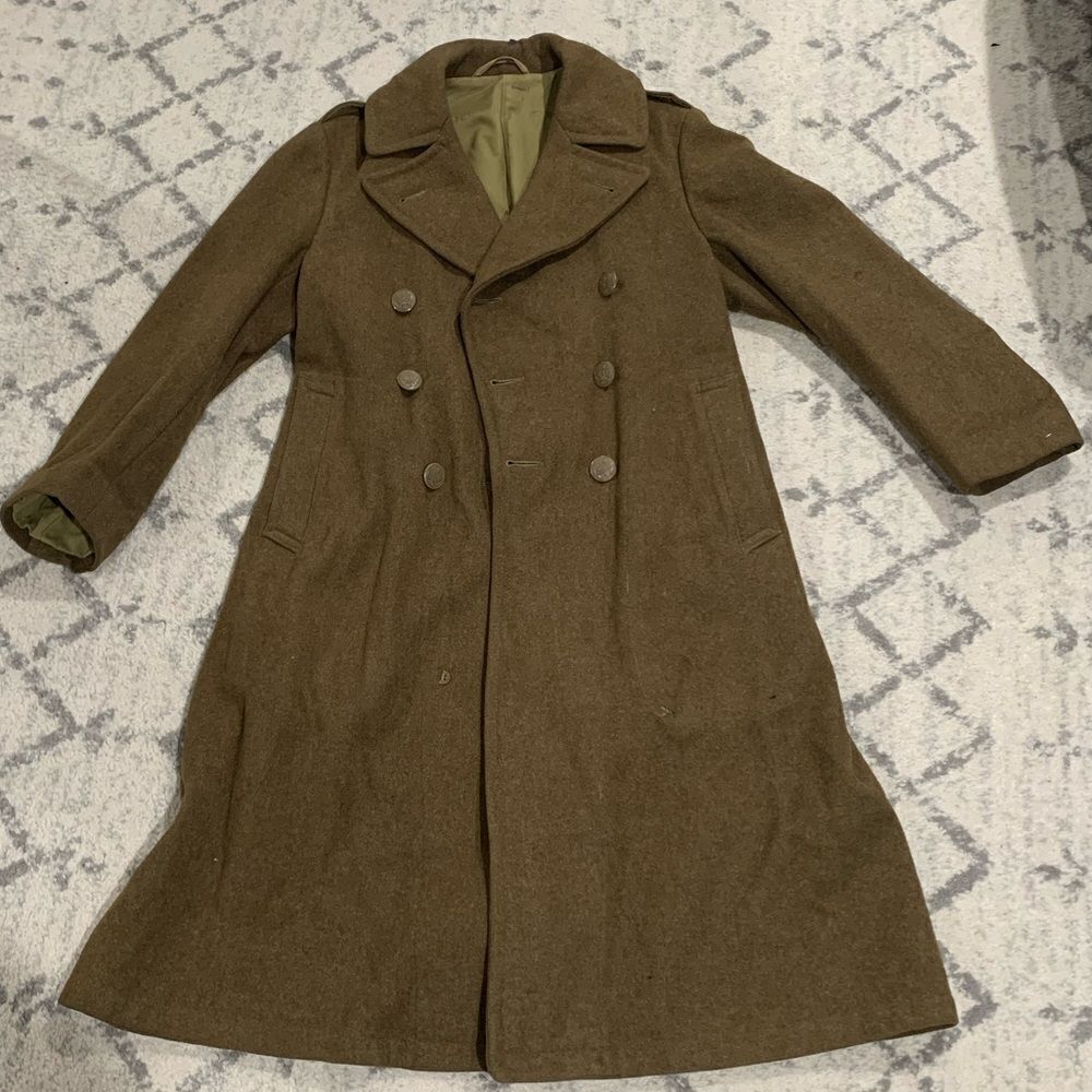 Vintage 40s 50s 60s Melton Wool WWII Military Army Overcoat Trench Jacket Green